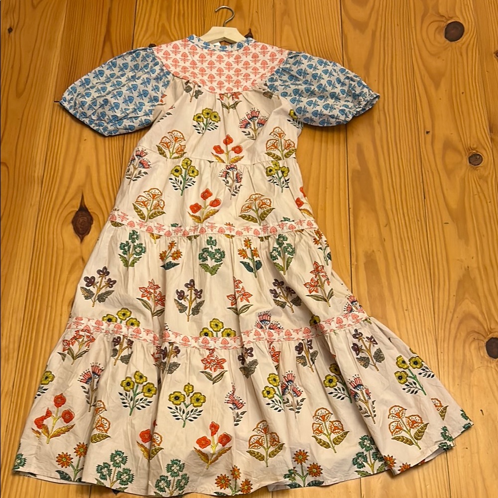 Oliphant Floral Tiered Midi Dress in Cream, Blue, Pink, Yellow, Green - Picture 2 of 4